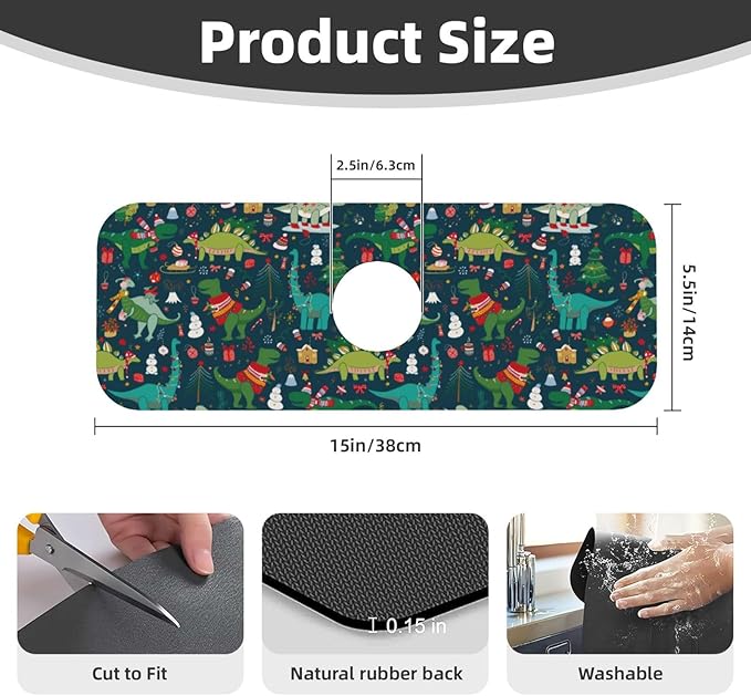 Christmas Dinosaur Tree Xmas Green Kitchen Sink Splash Guard Faucet Mat 1 Pcs