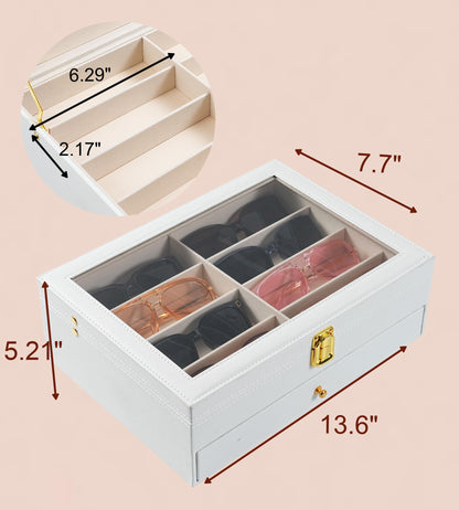 NEWLOOP Sunglasses Organizer Display Case - Sunglass Organizer for Women Men See-through Display Case Multiple Pairs Glasses Holder Stand 2-layer Eyeglass Collection Box with 16 Slots White