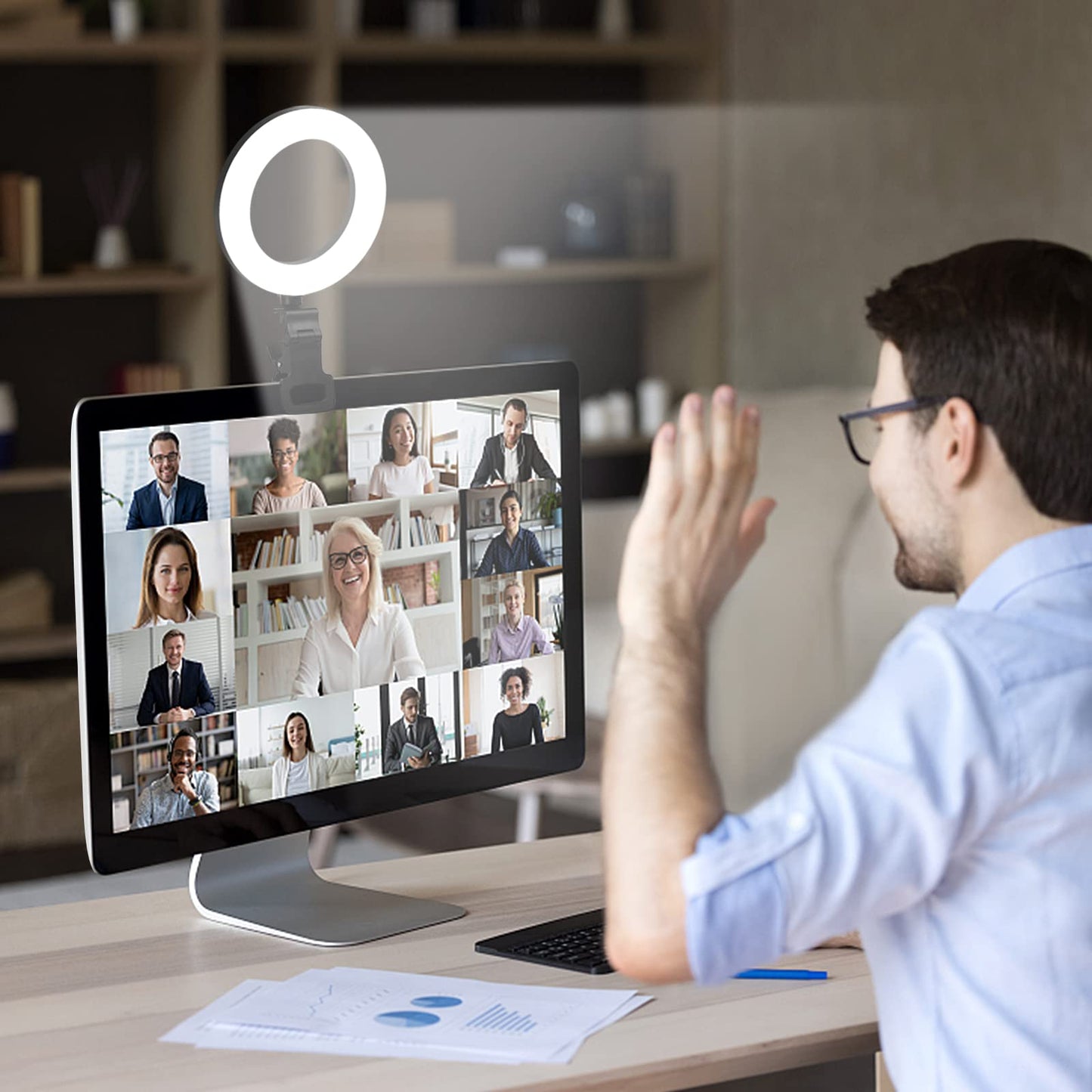 Ring Light with Tripod Stand&Clip Video Calls, Evershop 5" Video Conference Halo Light 3 Light Colors+10 Brightness 360°Rotate Led Ring Light Stand Desk for Makeup PC Zoom Meeting YouTube TiKTok