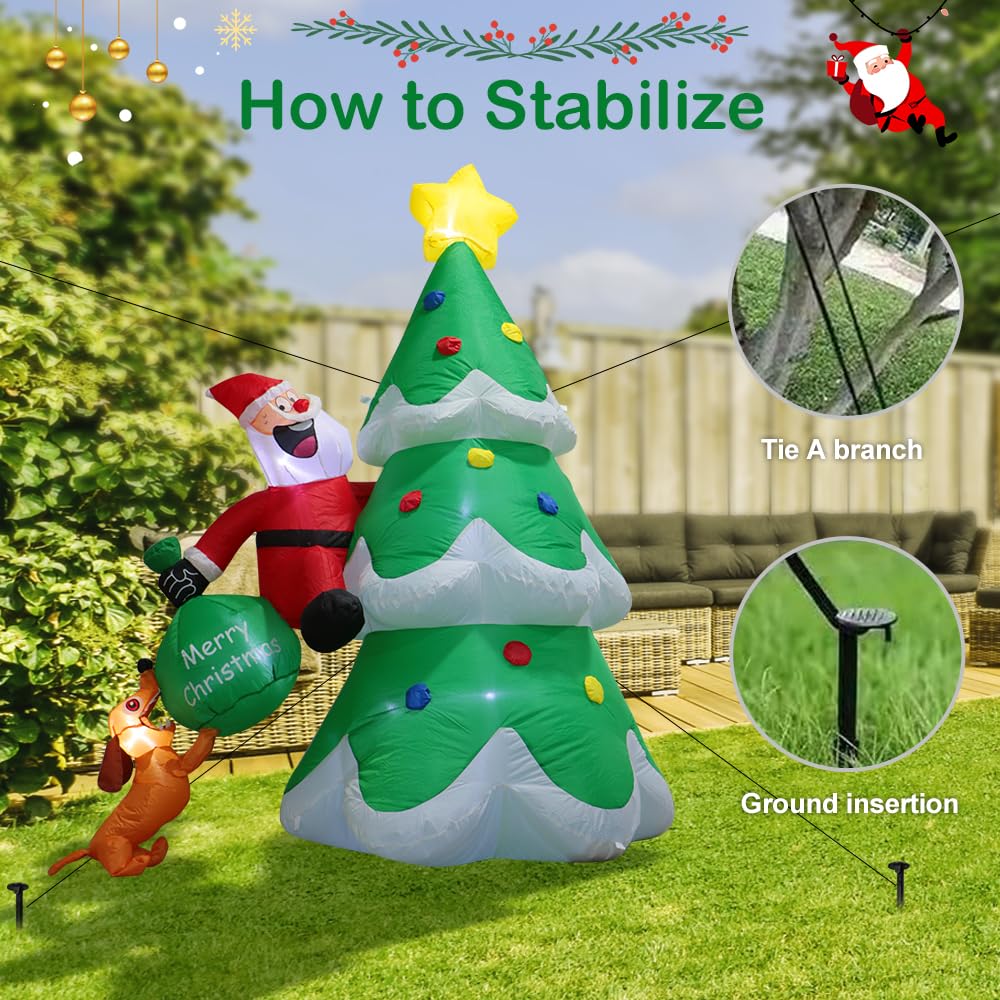 Christmas Inflatable Outdoor Decorations, 6.6FT Christmas Tree,Santa Chased by Dog Inflatable Christmas Blow up Yard Decorations with LED Light Up for Xmas New Year, Winter, Yard Garden Lawn Décor