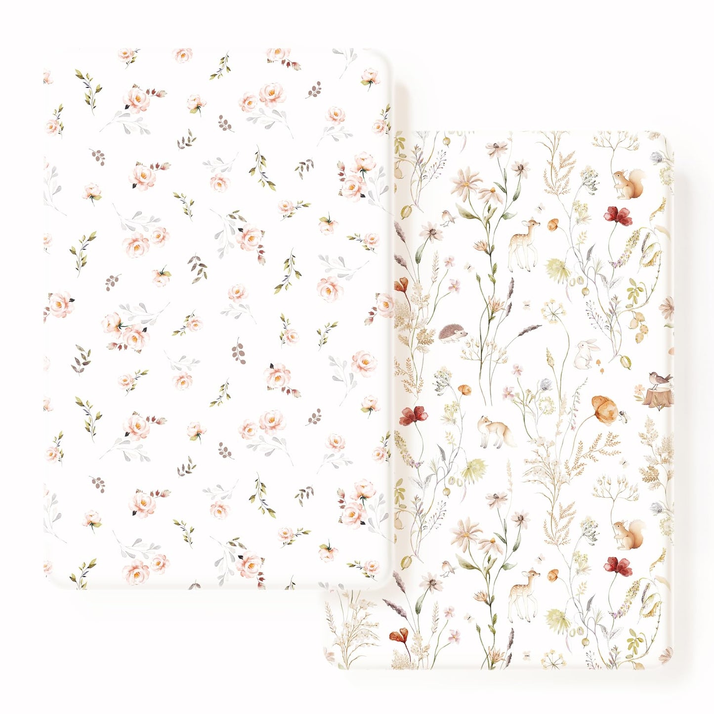 GRSSDER Stretchy Ultra Soft Jersey Knit Pack and Play Sheets 2 Pack, Portable/Mini Crib Sheets Universal Fitted for Playpen Mattress Safe and Snug, Beautiful Pink Floral and Cute Animals Print