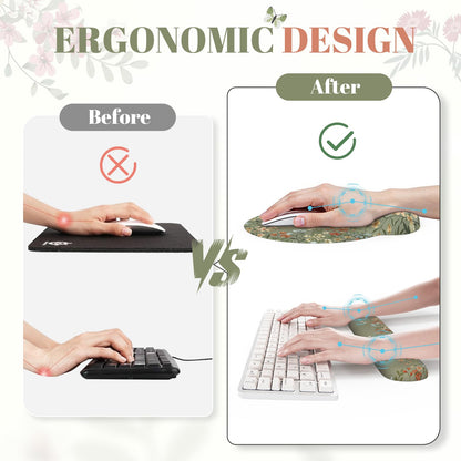 iCasso Desk Mat Set,Large Mouse Pad with Wrist Rest,Ergonomic Keyboard Wrist Support for Women,Girly Floral Computer Mat with Scalloped Edges,Non-Slip Desk Pad Home Office Gaming (Green)