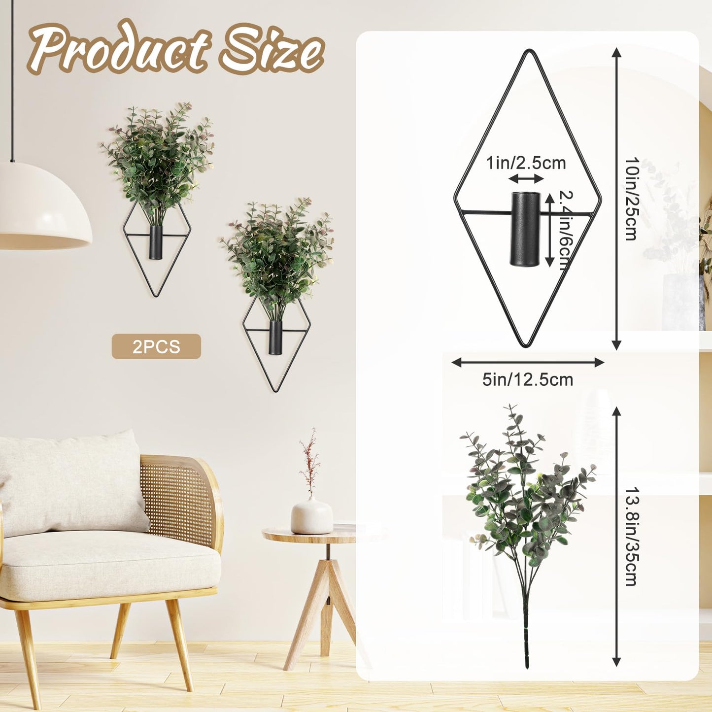 2 Pcs Hallway Decor Hanging Planters, Artificial Eucalyptus Wall Plants with Modern Geometric Design, Black Boho Wall Decor for Indoor Spaces, Stylish Home Accent for Living Room, Hallway & Bedroom