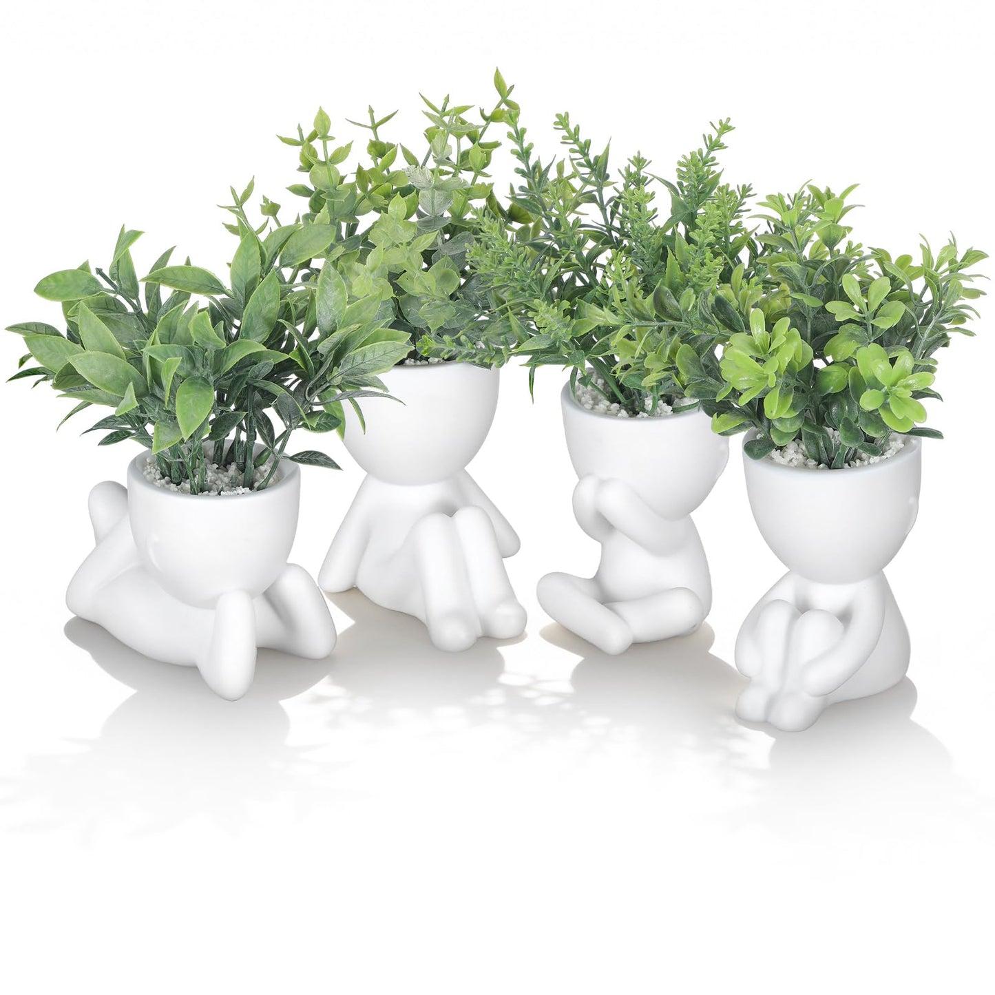 Tigeen 4 Packs Creative Fake Plants in Playful Human Shaped Pots Vase Cute Desk Decor Mini Artificial Greenery Positive Office Gifts Small Fake Plants for Desk Shelves Tabletop Modern Home Decoration