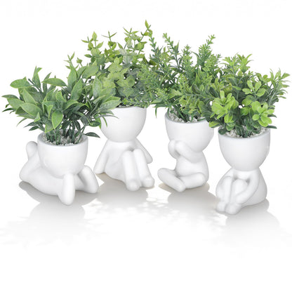 Tigeen 4 Packs Creative Fake Plants in Playful Human Shaped Pots Vase Cute Desk Decor Mini Artificial Greenery Positive Office Gifts Small Fake Plants for Desk Shelves Tabletop Modern Home Decoration