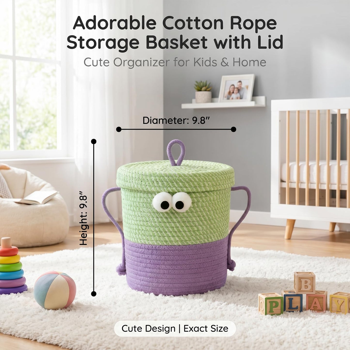 CTESNE Cotton Rope Storage Basket with Lid & Handles, Cute Monster Decor Basket for Nursery, Toys, Diapers, Baby Shower & Easter Gift, 9.8" x 9.8" (Green & Purple)