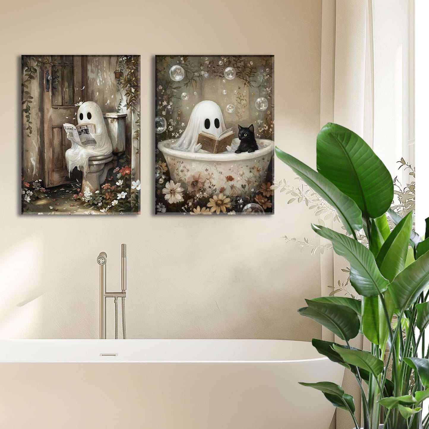 Framed Ghost Canvas Wall Art Set of 2 Cute Ghost Cat Reading in Bathtub Painting Rustic Whimsical Halloween Poster Picture Prints Décor for Bedroom Bathroom Restroom Spa 12x16 Inch