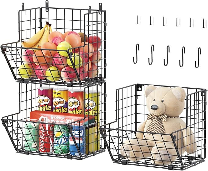 X-cosrack Metal Wire Basket Wall Mount, 3 Tier Wall Storage Organizer
