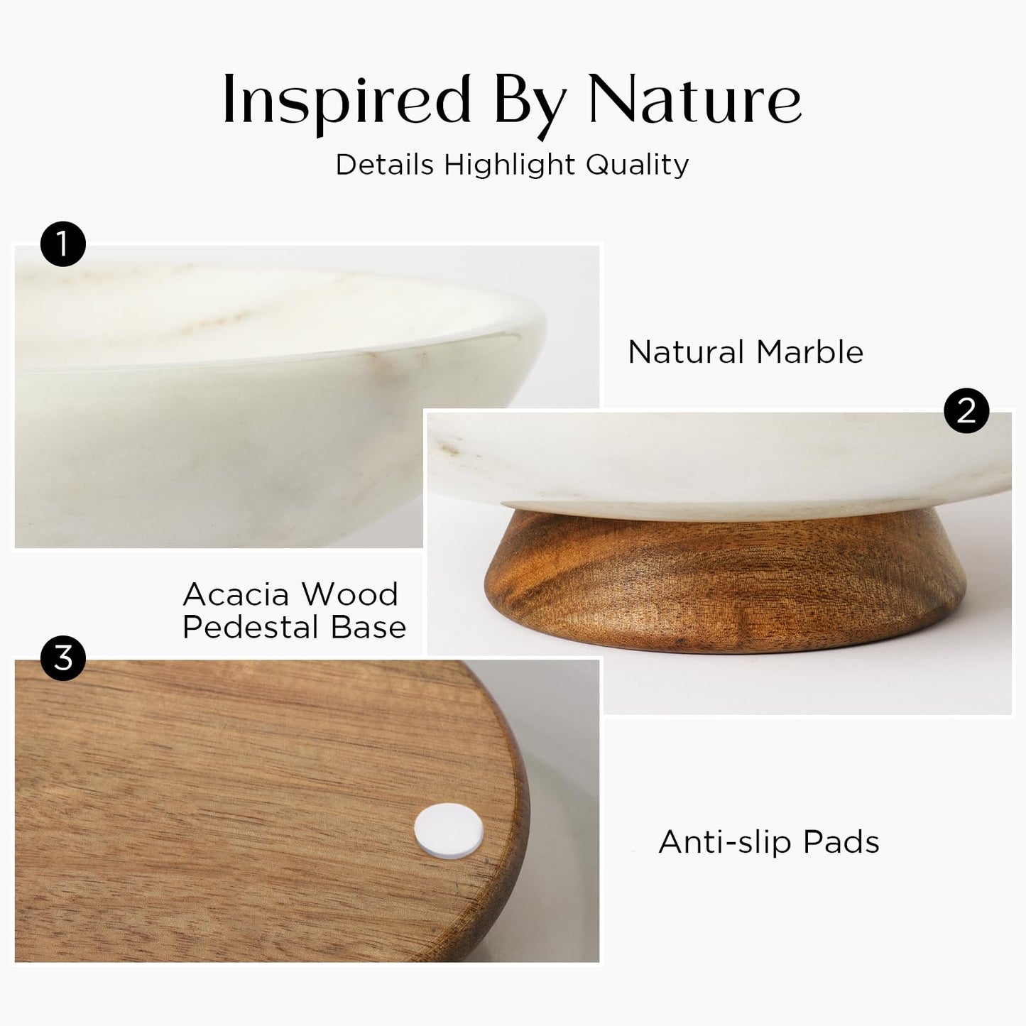 SAMAH White Marble Fruit Bowl with Acacia Wood Pedestal, Large Decorative Footed Bowl, Natural Stone Centerpiece for Kitchen Counter, Entryway, Keys, Dining Table, House Warming Gifts New Home(11Inch)