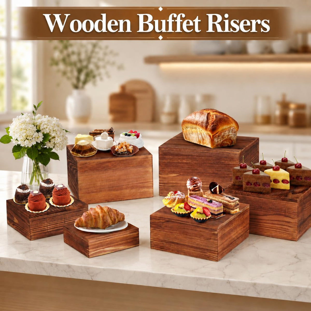 HTRYBNES 6 Pack Wooden Buffet Risers and Stands, Rustic Food Risers for Buffet Table, Risers Display Stands, Wood Cake Cupcake Stands for Wedding Party, Food Display, Collectibles
