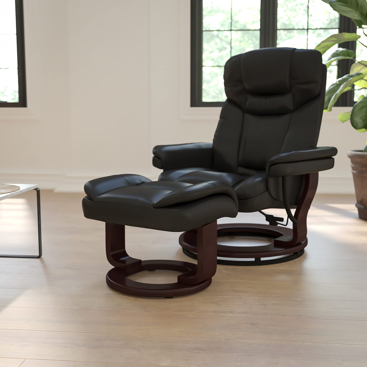 Flash Furniture Allie LeatherSoft Upholstered Recliner with Footrest, Arms, and Headrest, Padded Swivel Recliner Chair and Ottoman Set, Black