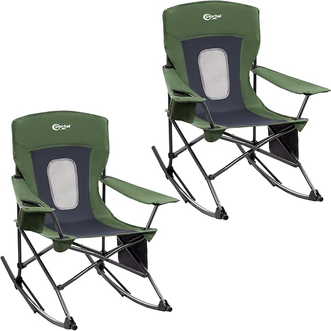 Portal Outdoor Rocking Chair Camping Folding Portable Rocker with Cup Holder Side Pocket Carry Bag, Support 350LBS (Mesh Green), 2 Pack