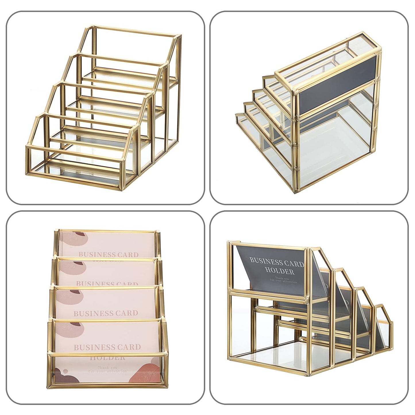 Hipiwe 4 Slots Glass Business Card Holder for Desktop, Gold Mirrored Business Card Display Stand, Multiple Clear Business Name Card Organizer Holder for Office Exhibition