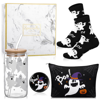 Kacctyen 5 Pcs Boo Basket Gift for Women Spooky Ghost Gift 16 oz Ghost Glass Cups with Lid Straw Spooky Cosmetic Makeup Bag Pocket Mirror Sock Boo Basket Stuffers for Her Sister Friend