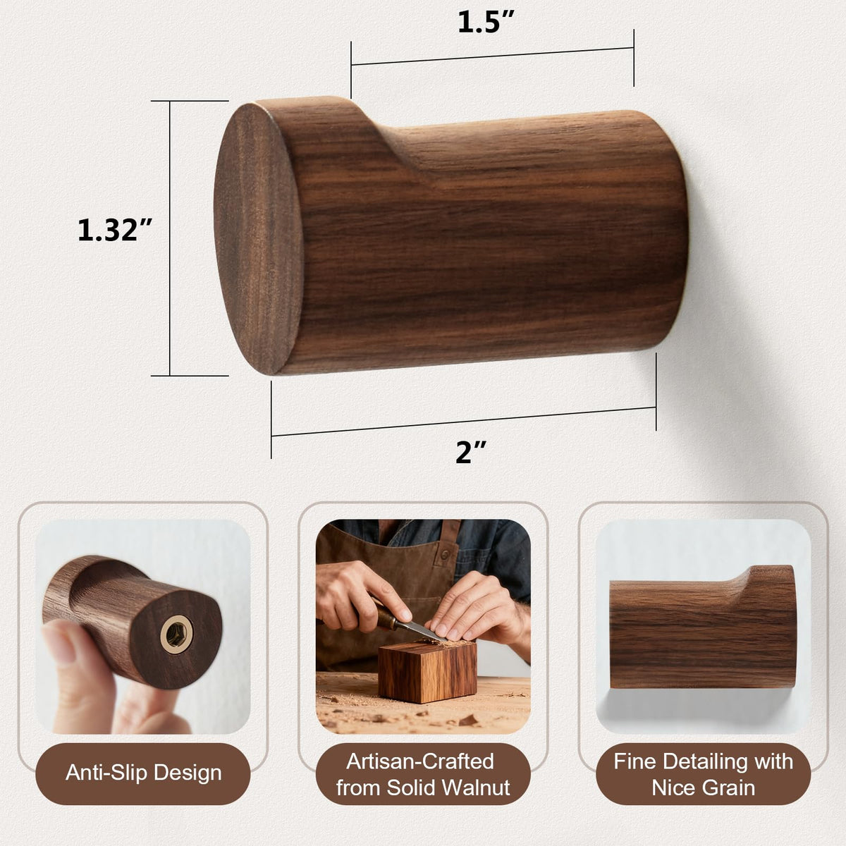 HeyPPO Wooden Wall Hooks 4 Pack, Modern Decorative Coat Hook Wall-Mount, Handmade Rustic Hat Hooks, Entryway Wall Hangers for Hanging Coats Hats Backpack, Bathroom Wood Towel Rack (Walnut)