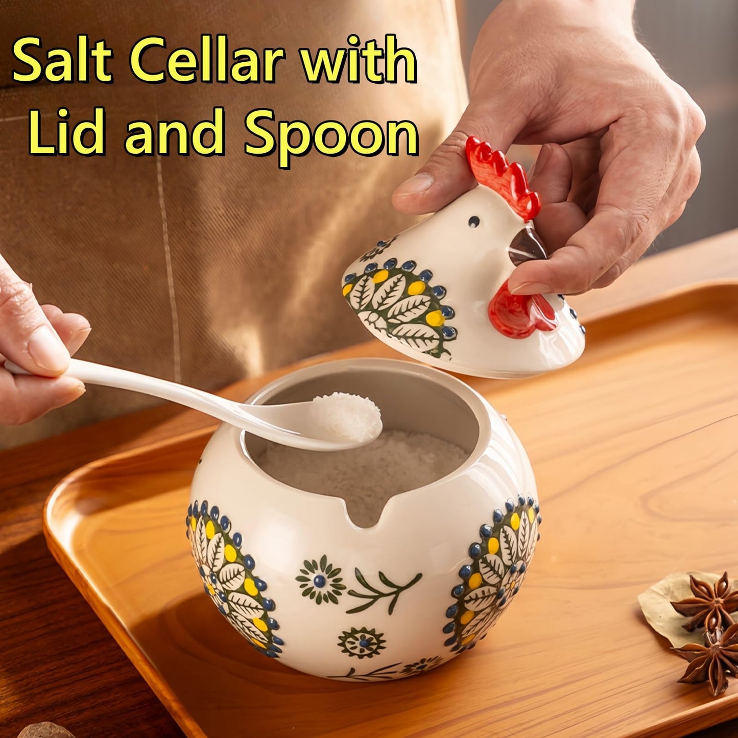 Frezonika Ceramic Salt Cellar with Lid and Spoon, 13 OZ Large Chicken Salt Jar, Salt Holder for Counter, Coffee, Sugar, Spices and Candies, Salt Containers for Countertop (Blue)