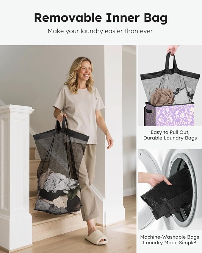SOLEDI Laundry Hamper with Lid, 90L Tall & Large Floral Laundry Basket