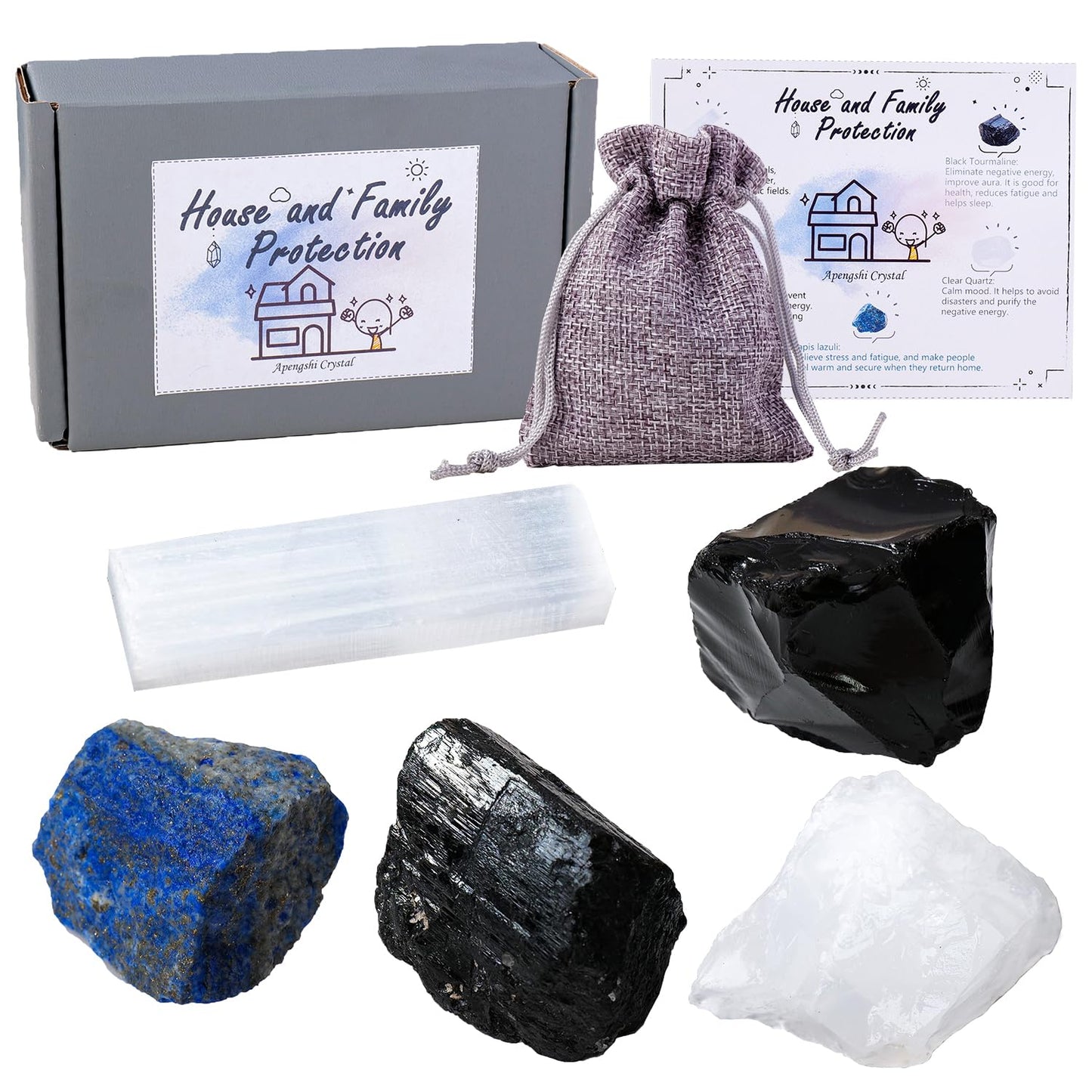 Apengshi Protection Crystal Stone Set for House and Family Protection Set of 5 Pieces Stone Black Tourmaline Clear Quartz Lapis Lazuli Obsidian and Selenite Healing Crystal Stones