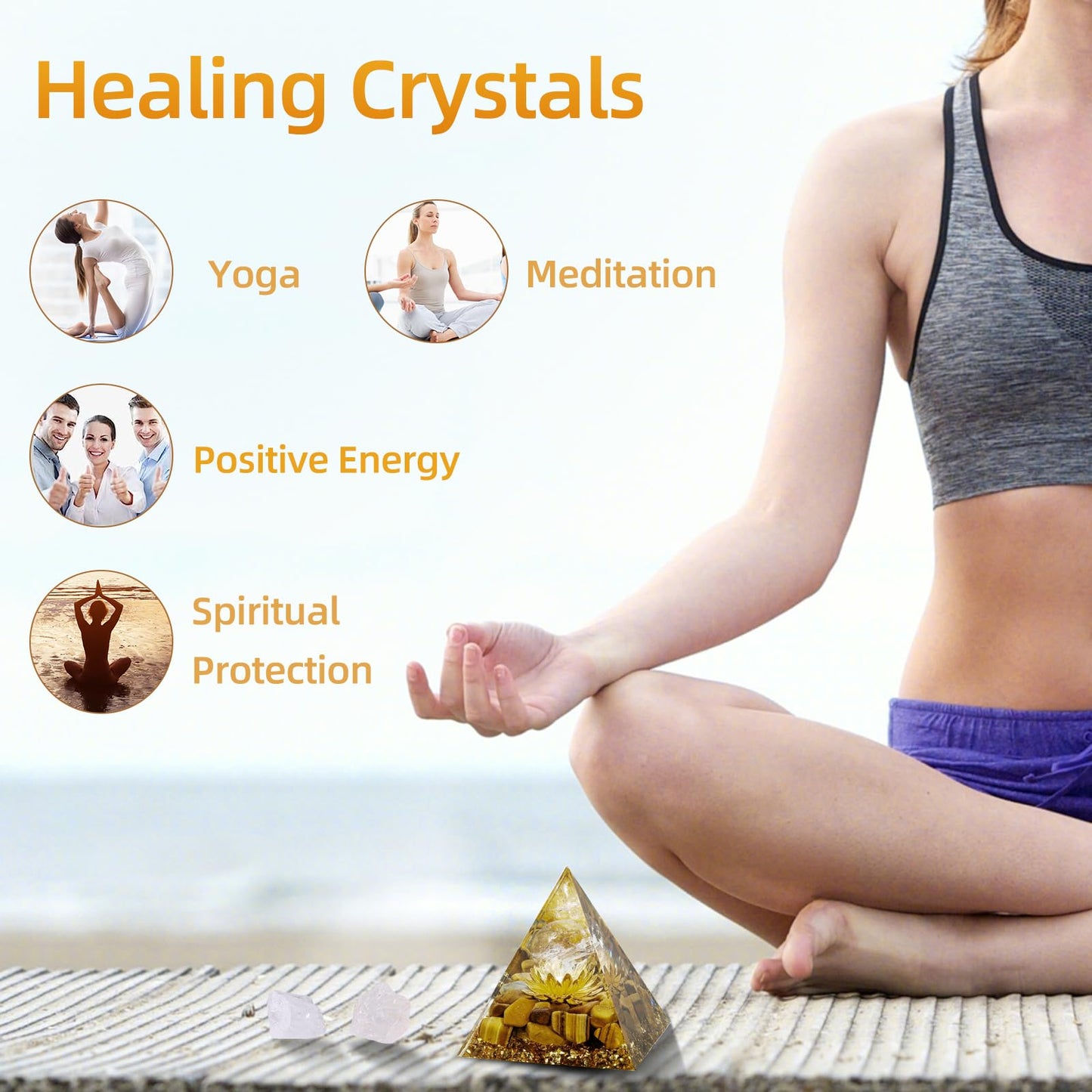 Hopeseed Orgone Pyramid Flower of Life Orgonite Money Healing Crystals Pyramid for Positive Energy with Tiger's Eye Stones and Luck White Crystal that Promotes Wealth, Prosperity and attracts Success
