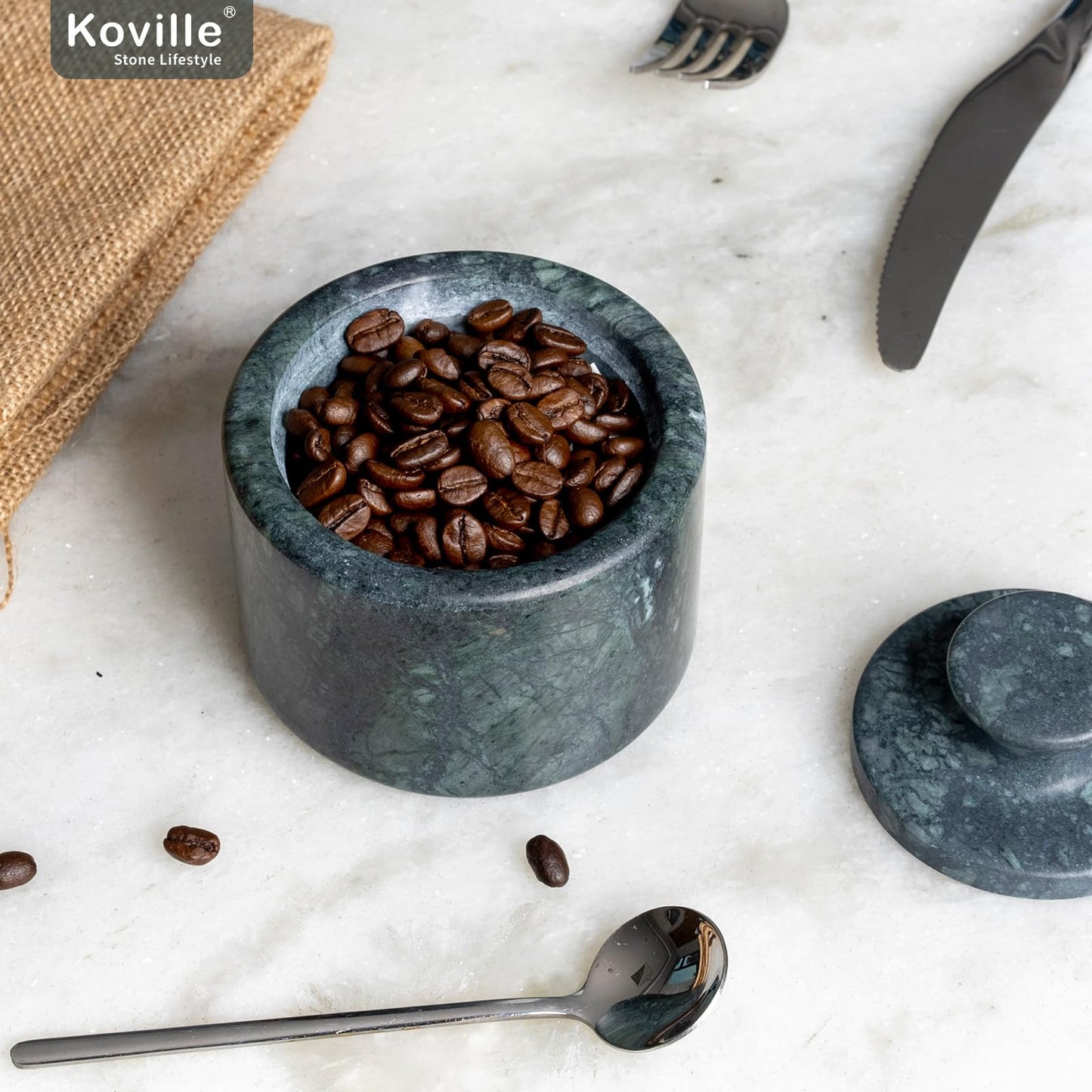 Koville Indian Green Marble Salt Cellar with Lid 3.5", Stone Pepper Container & Spice Jars for Kitchen, Marble Salt and Pepper Holder, Stone Storage Box for Kitchen Counter, Spice Jar