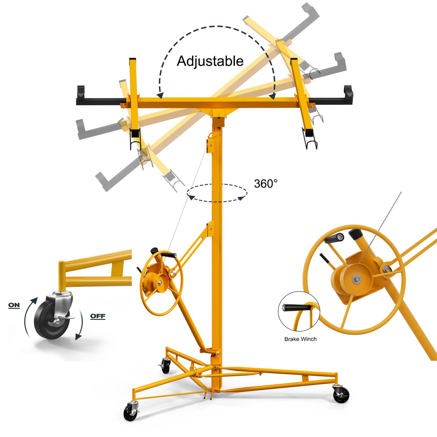 GarveeTech Drywall Lift 11 ft,Sheetrock Lift Drywall Lift,150 LBS Heavy Duty Drywall Rolling Lifter Panel, Drywall Lift Panel Hoist Jack With 360° Adjustable Telescopic Arm & 3 Lockable Wheels