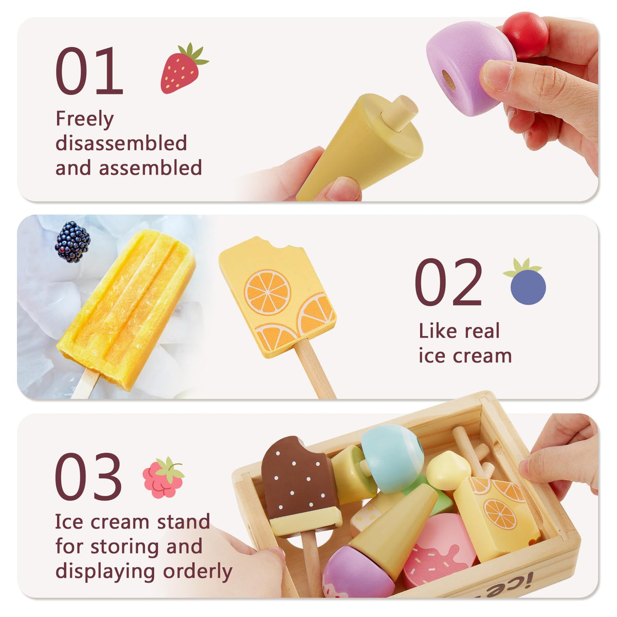HERSITY Wooden Ice Cream Stand for Kids, Ice Cream Popsicle Toy Pretend Play Food Kitchen Accessories Playset Lolly Shop Games for Toddlers Girls Boys 3 4 5 Years Old