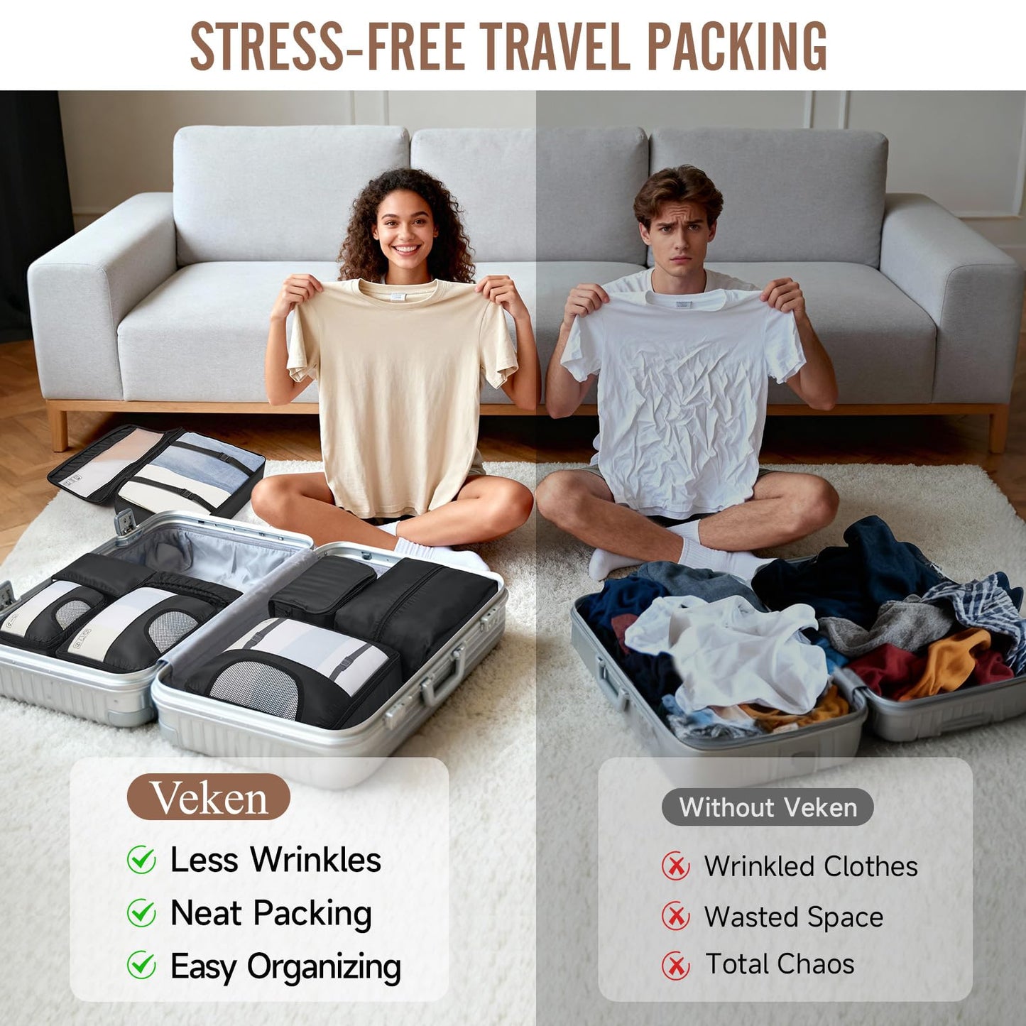 Veken 10 Set/8 Set Packing Cubes for Travel Essentials, Suitcase Organizer Bags in 4 Sizes, Carry-On Luggage Accessories with Laundry Bag & Passport Holder, Airplane Must Have, Camp Gifts for Men
