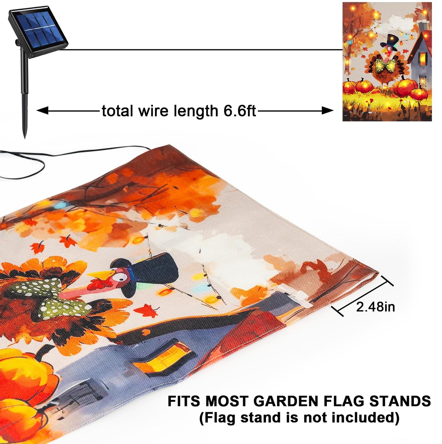 Thanksgiving Lighted Fall Garden Flag, Solar Outdoor Decorative Led Flags Yard Decor, 8 Lighting Modes Led Flag,12x18 Double Sided Turkey Pumpkin Halloween Decorations for Home Porch Outside