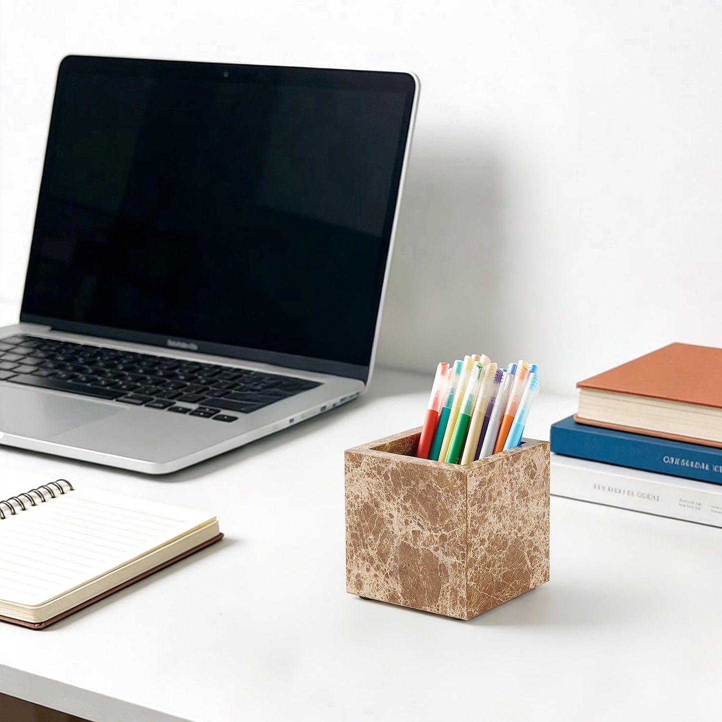 Natural Marble Makeup Brush Holder & Toothbrush Holder, Non-Ceramic, Non-Resin 3.93 Inch Square Marble Jar,Makeup Brush Organizer Suitable for Bathroom, Desk, and Living Room（Dark Brown）