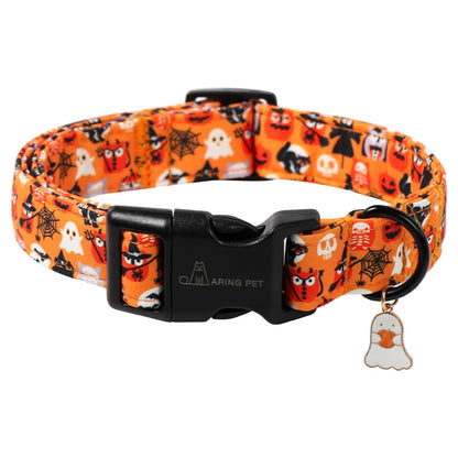 ARING PET Halloween Dog Collar, Ghost Pumpkin Spider Web Skeleton Pet Collars for Small Medium Large Girl Boy Dogs Puppy Collar with Quick Release Buckle-S Size