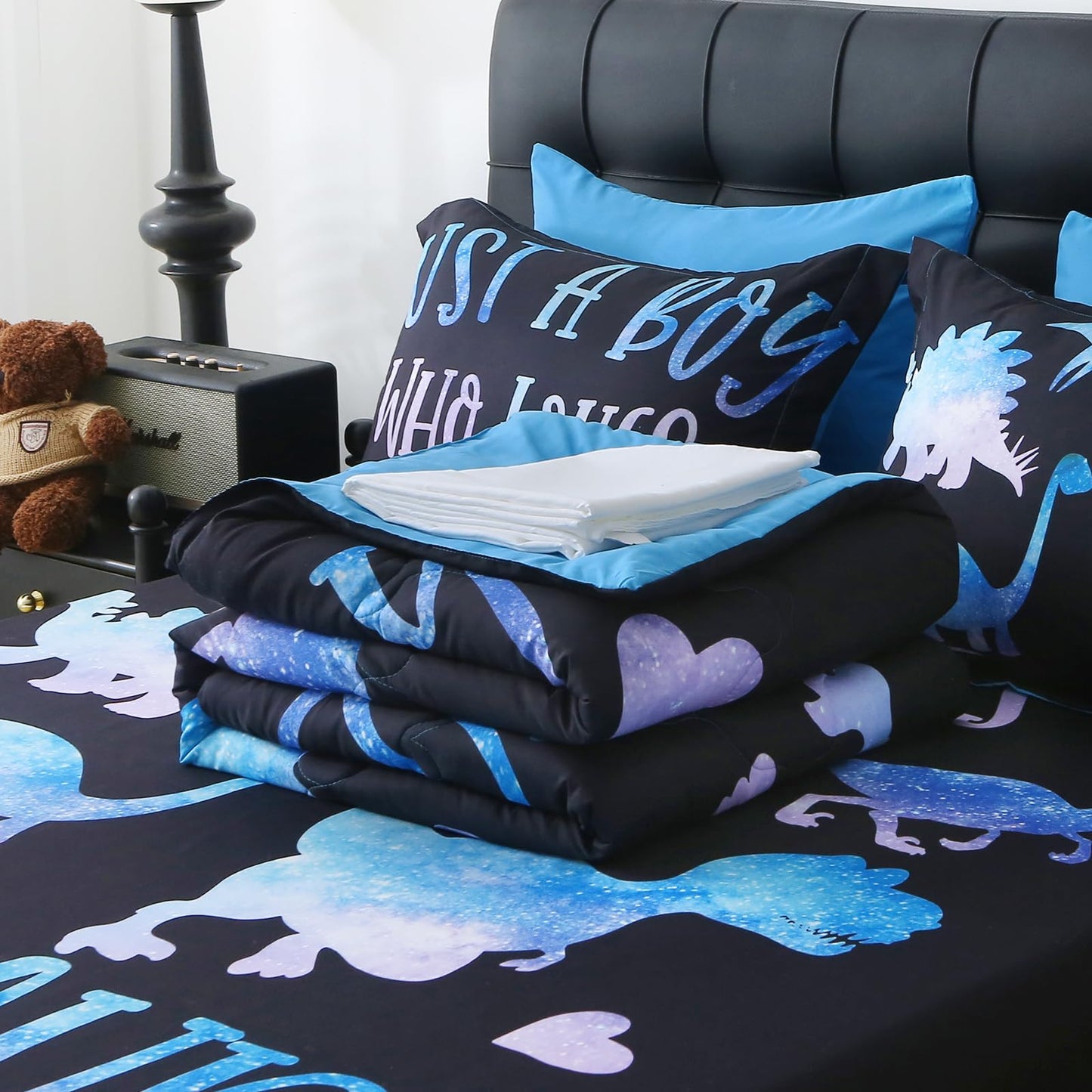 Jameswish 7 Piece Boys Dinosaur Comforter Set Twin Size Blue Dinonsaur Soft Microfiber Bed in A Bag with Comforter,Sheet Set,Pillowcase and Sham for Child Teens All Season