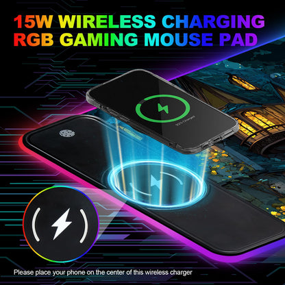 Wireless Charging RGB Gaming Mouse Pad, 31.5 x 11.8 Inch Extended Mouse Mat with Fantasy Castle & Rose Design, LED Desk Pad with 7 Lighting Modes, Non-Slip Base for Gaming & Office