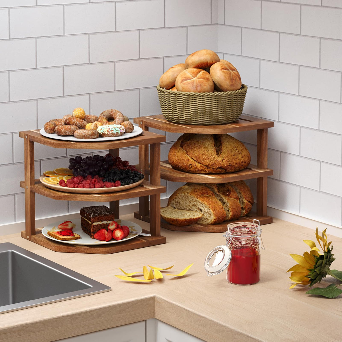 VERTORGAN 3 Tier Acacia Wood Corner Shelf(2 Pack),Dish Drying Rack,Plate Organizer,Kitchen Spice Rack for Countertop and Cabinet,Pantry Organization and Storage