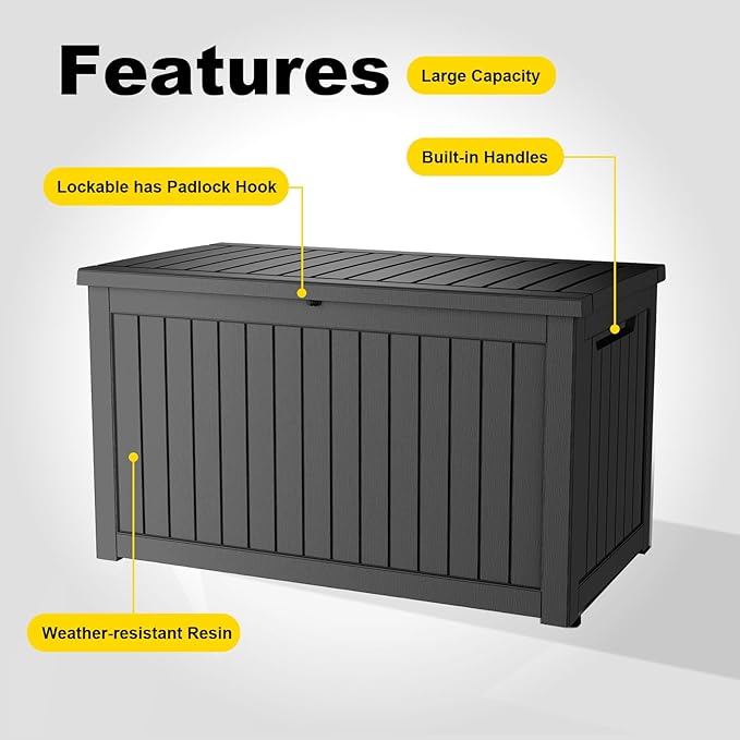 280 Gallon Resin Deck Box, Lockable Weatherproof Outdoor Storage Box for Furniture, Garden Tools and Tools Storage, Waterproof Outside Storage Boxes - Black