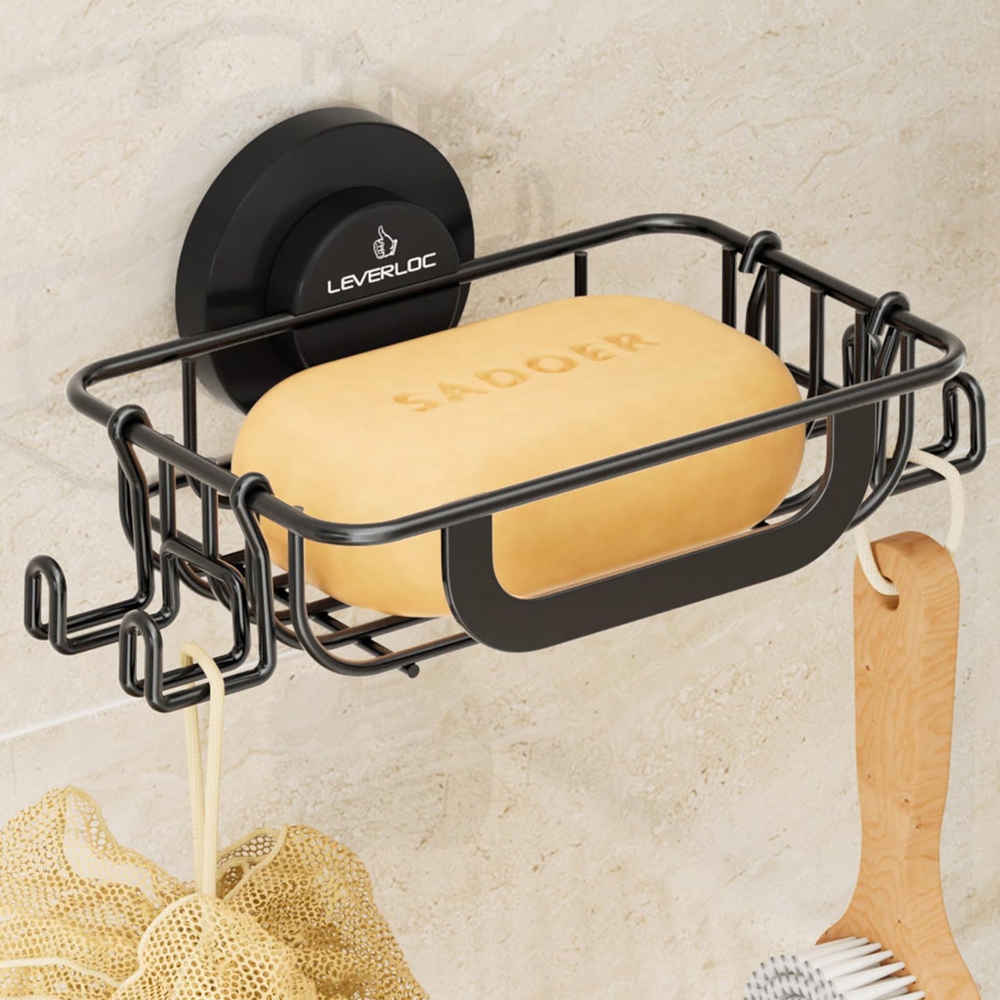 LEVERLOC Bar Soap Holder for Shower with Hooks, Suction Cup Soap Dish Rustproof Stainless Steel for Bathroom Accessories, Sponge Saver Black