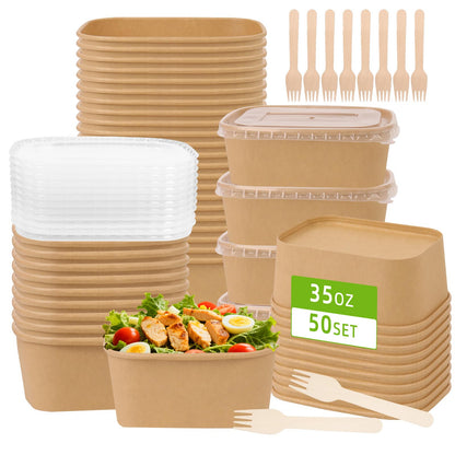 DeziWood 50 Pack 35 oz Paper Food Containers with Lids, Meal Prep Containers Disposable Large Paper Bowls, Microwavable and Freezer Storage Use Cardboard Food Containers