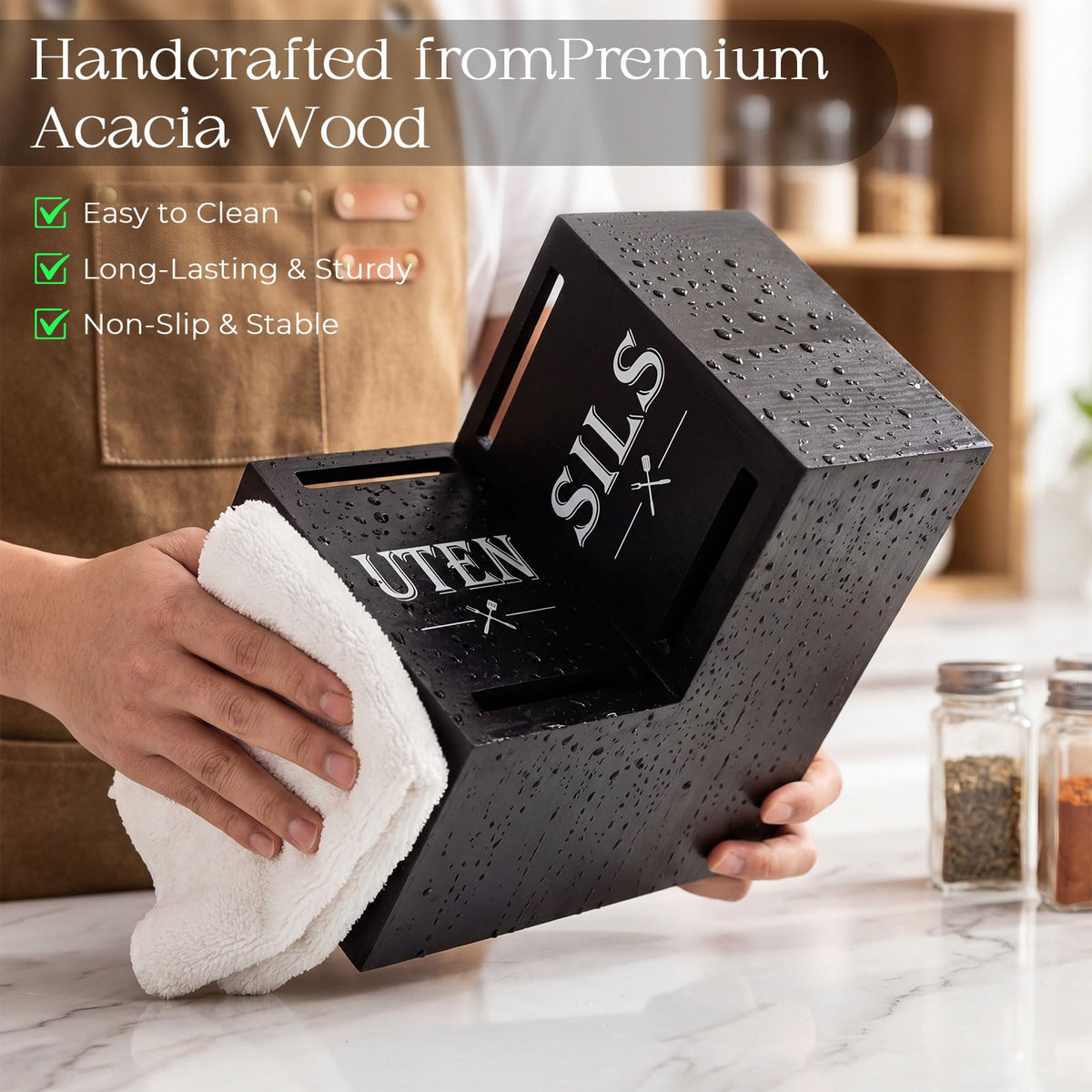 RattanView Large Kitchen Utensil Holder with 3 Compartments, Utensil Holder for Counter, Rustic Black Kitchen Decor Tools Gift Wooden Countertop Cutlery Caddy Spoon
