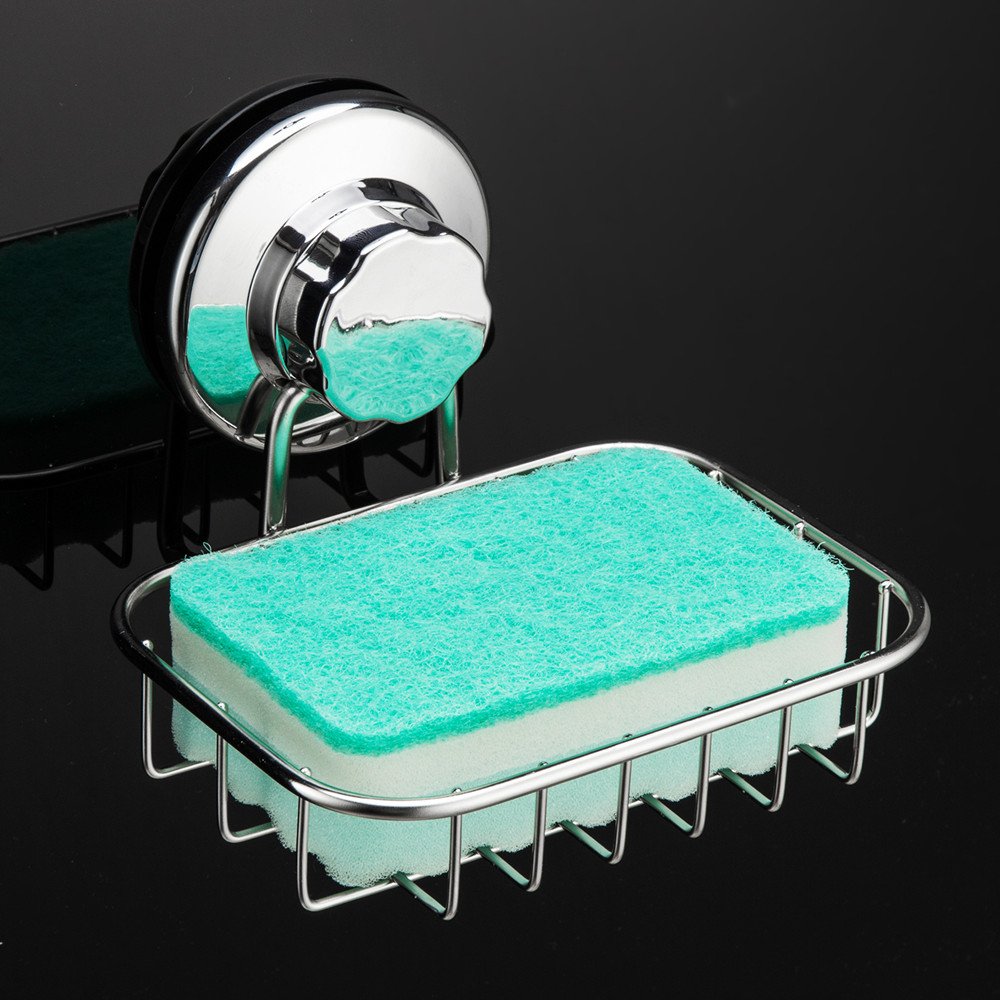 SANNO Suction Cup Soap Holder, Soap Dish Saver Tray Bar Soap Sponge Holder for Shower Wall, Bathroom, Tub and Kitchen Sink Stainless Steel