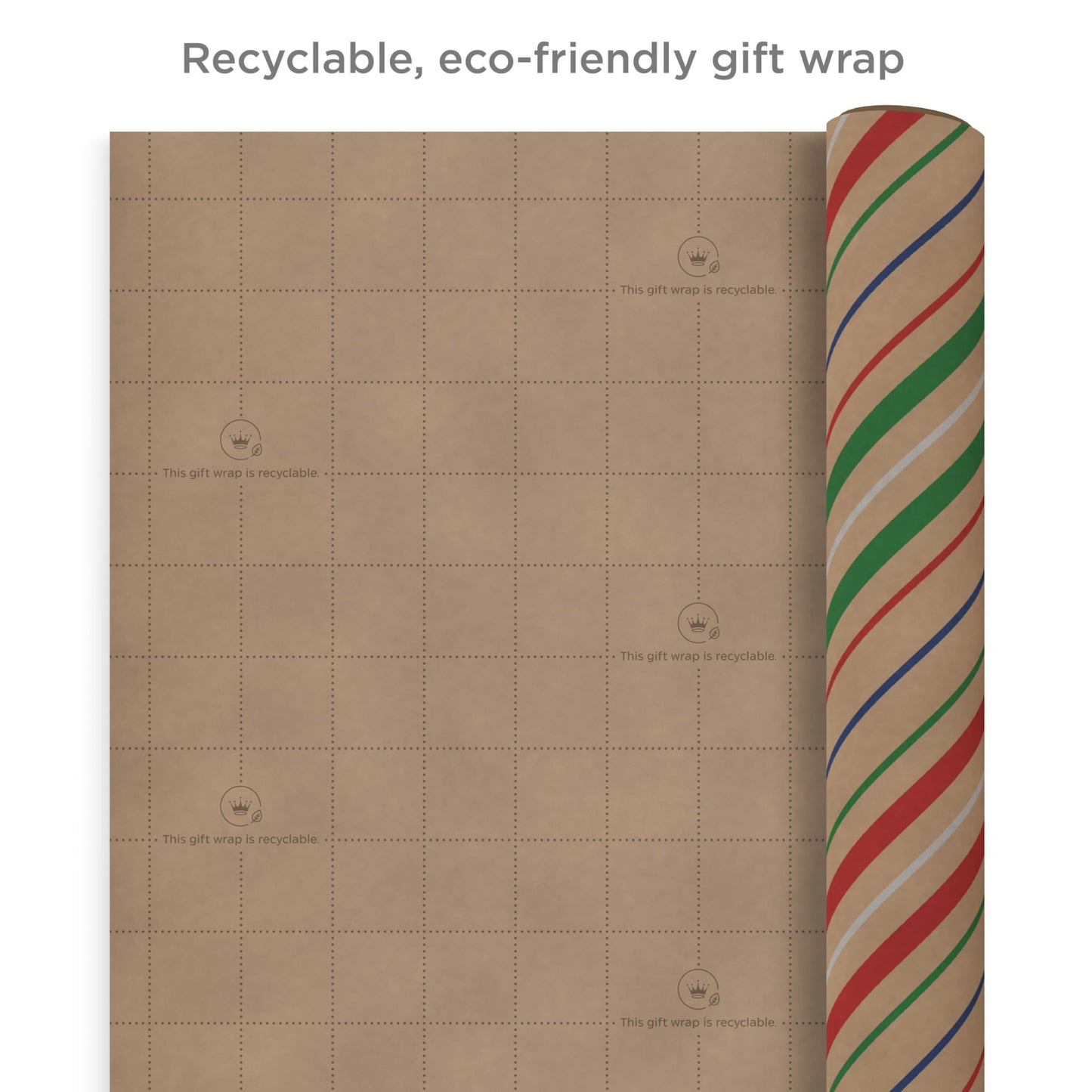 Hallmark Recyclable Christmas Wrapping Paper for Kids with Cut Lines on Reverse (4 Rolls: 88 sq. ft. ttl) Kraft Brown with Christmas Lights, Deer, Snowflakes, Red, Green, Blue Stripes (0005JXW1212)