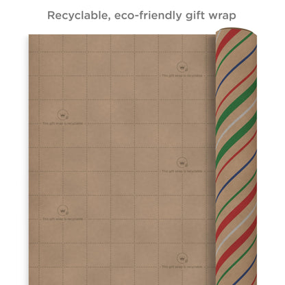 Hallmark Recyclable Christmas Wrapping Paper for Kids with Cut Lines on Reverse (4 Rolls: 88 sq. ft. ttl) Kraft Brown with Christmas Lights, Deer, Snowflakes, Red, Green, Blue Stripes (0005JXW1212)