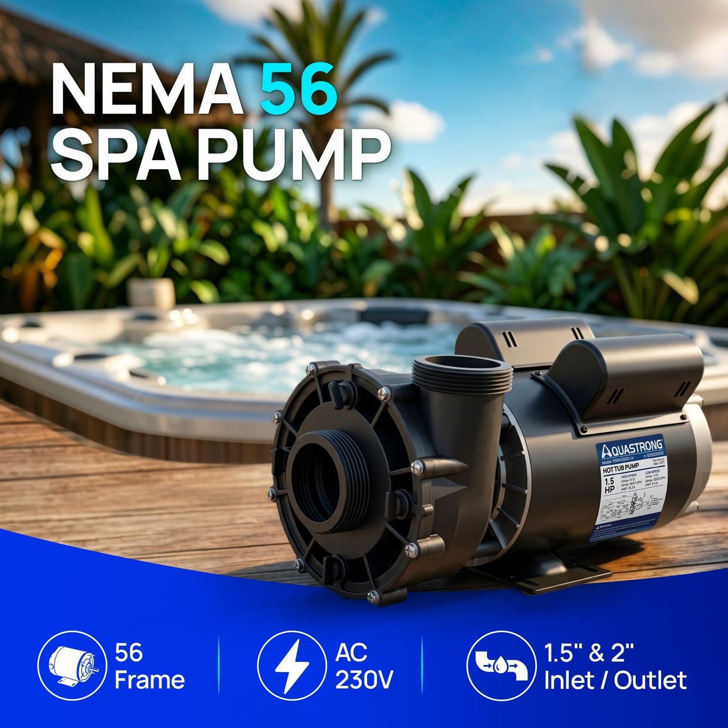 Aquastrong SPA Pump, Dual Speed Hot Tub Pump, Pure Copper Motor, Low Noise, Easy Installation with 1.5" & 2" Adapters, 90° Rotating Inlet & Outlet, Compatible with Hot Tubs & Spa Systems, Grey