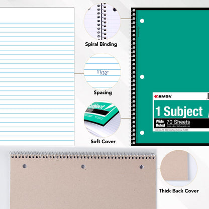 KAISA 1-Subject Wirebound Notebook Spiral Note Book, 8x10.5inch Wide Ruled 70sheets/pad Wire Notebooks Office School Supplies for Students Office, Pack of 6Pads, S07001W