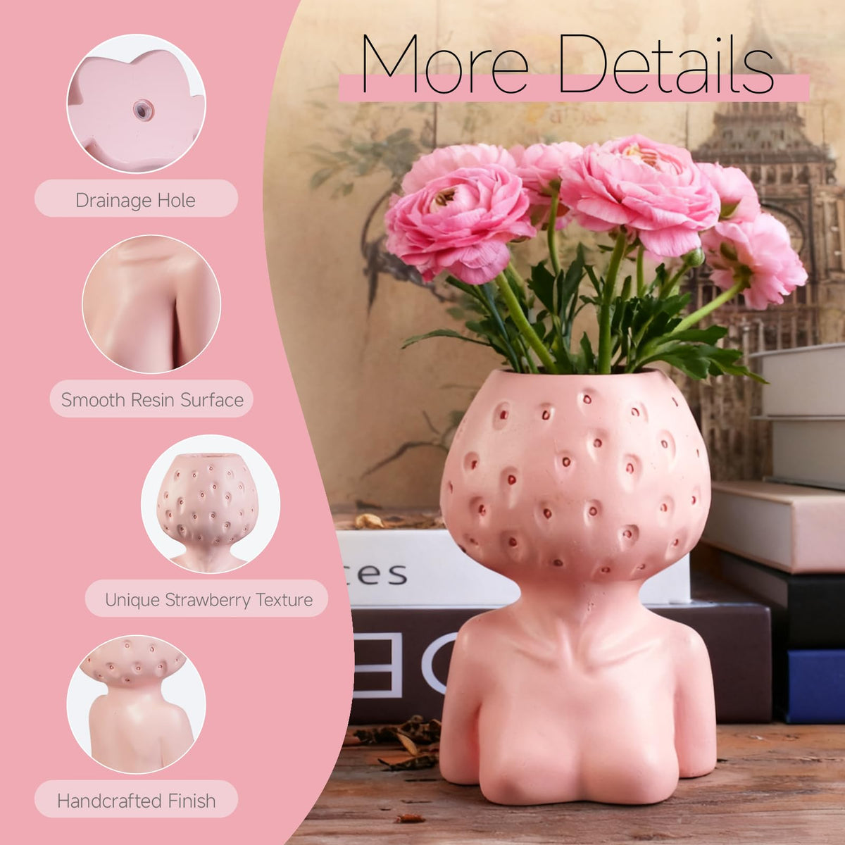 Female Body Vase, Strawberry Face Planter for Decor, Unique Cute Head Planter Pot Bust Planter with Drainage Hole, Resin Flower Pot for Indoor Outdoor Plants Succulents Aesthetic Home Decor Gift, Pink