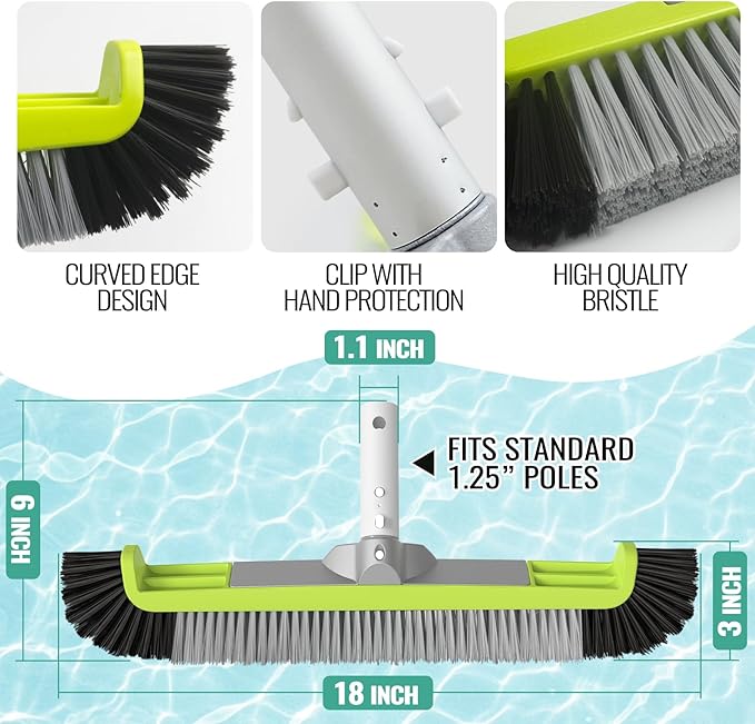 18" Pool Brush Head for Cleaning Swimming Pool Walls, Curved Ends