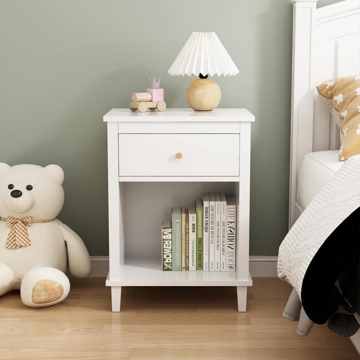 Nightstand with Drawer, 26.77''H Wooden Nightstand with Drawer & Open Storage Shelf, Modern Bedside Table for Kids, End Table for Living Room Bedroom, White
