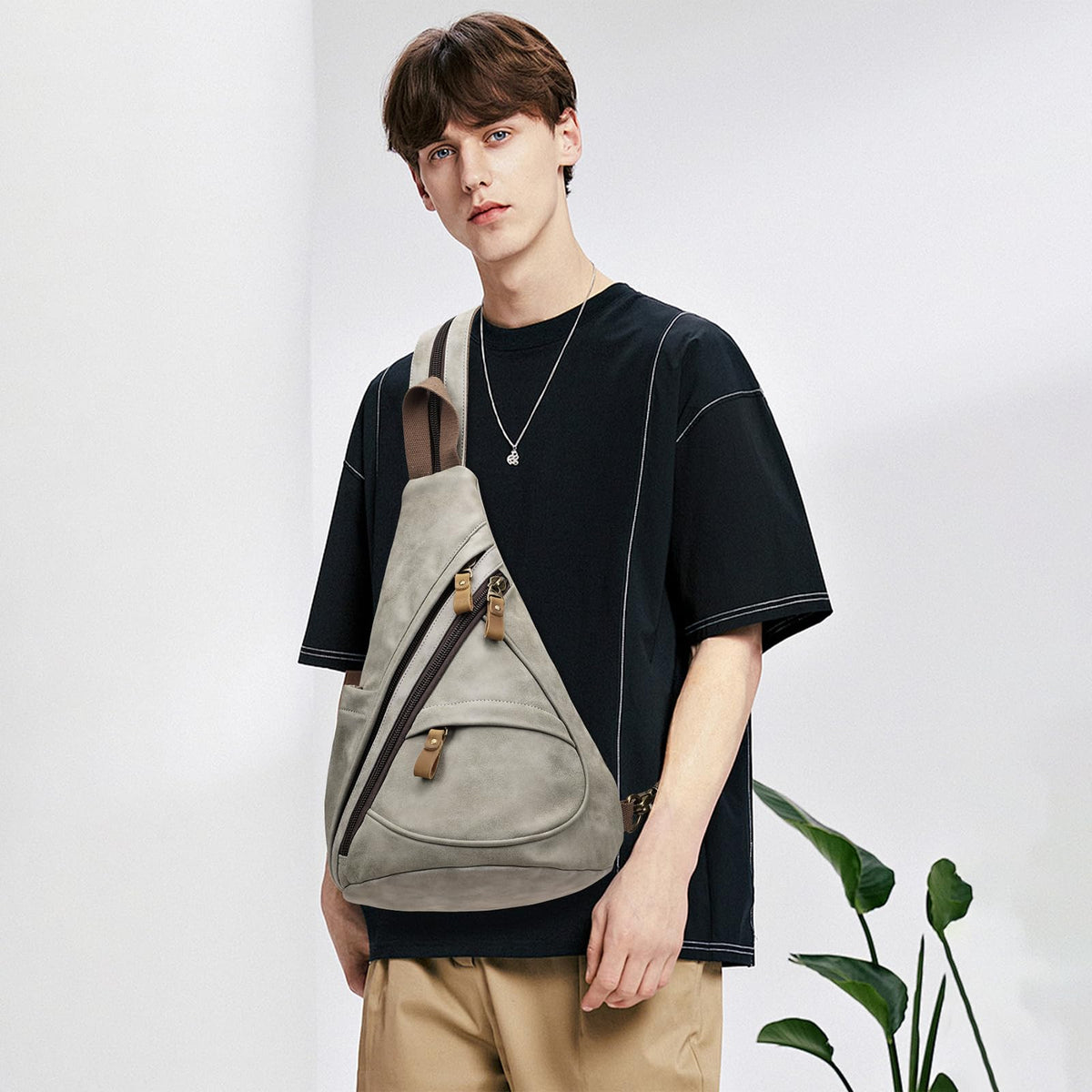 KL928 PU Leather Sling Bag - Small Crossbody Backpack Shoulder Casual Daypack Rucksack for Men Women(Leaden)