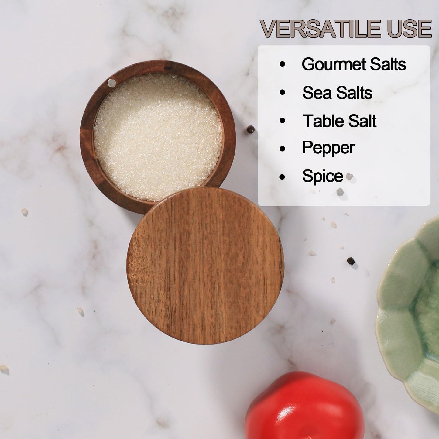 MeowAroma Salt Cellar with Lid, 1 Cup Acacia Wood Salt Container with Swivel Cover for Spice/Herbs/Seasonings, Wooden Salt Holder Box for Charcuterie/Kitchen, 8.5 oz