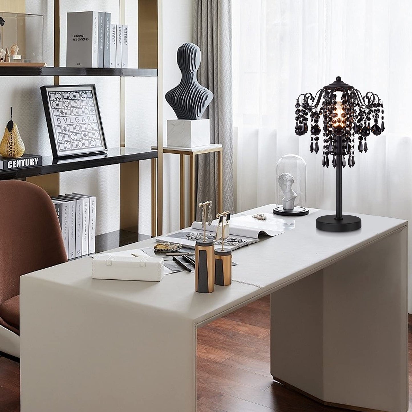 MEIXISUE Small Black Crystal Bedside Table Lamp End Table Lamp Nightstand Lamp Desk Lamps for Bedroom Living Room H20.4'' W12 1-Light E26