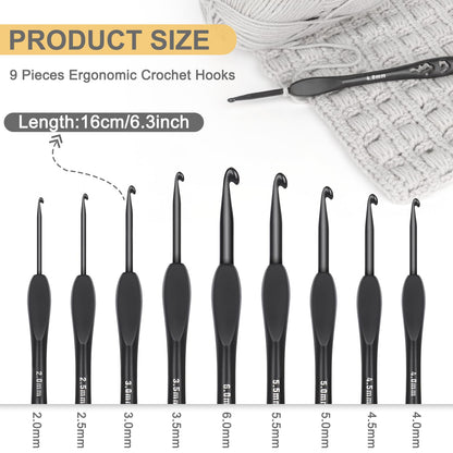 Katech 9 Sizes Crochet Hooks, Ergonomic Soft Grip Aluminum Crochet Hook Set, Black Plastic Crochet Needles for Arthritic Hands Beginners Kids Adults Ideal Crochet Lovers Gift 2.0mm(B)-6.0mm(J)