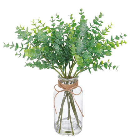 gonfaci Fake Eucalyptus Stems in Glass Vase with Faux Water, 14" Artificial Plants Eucalyptus Leaves for Shelf Desk Bathroom Farmhouse Room Coffee Table Home Decor (Sage Green)